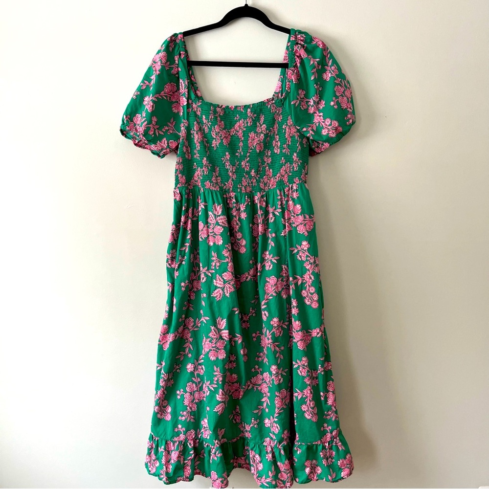 J. Crew Smocked Puff Sleeve Midi Dress XL Green Pink Floral Cottagecore